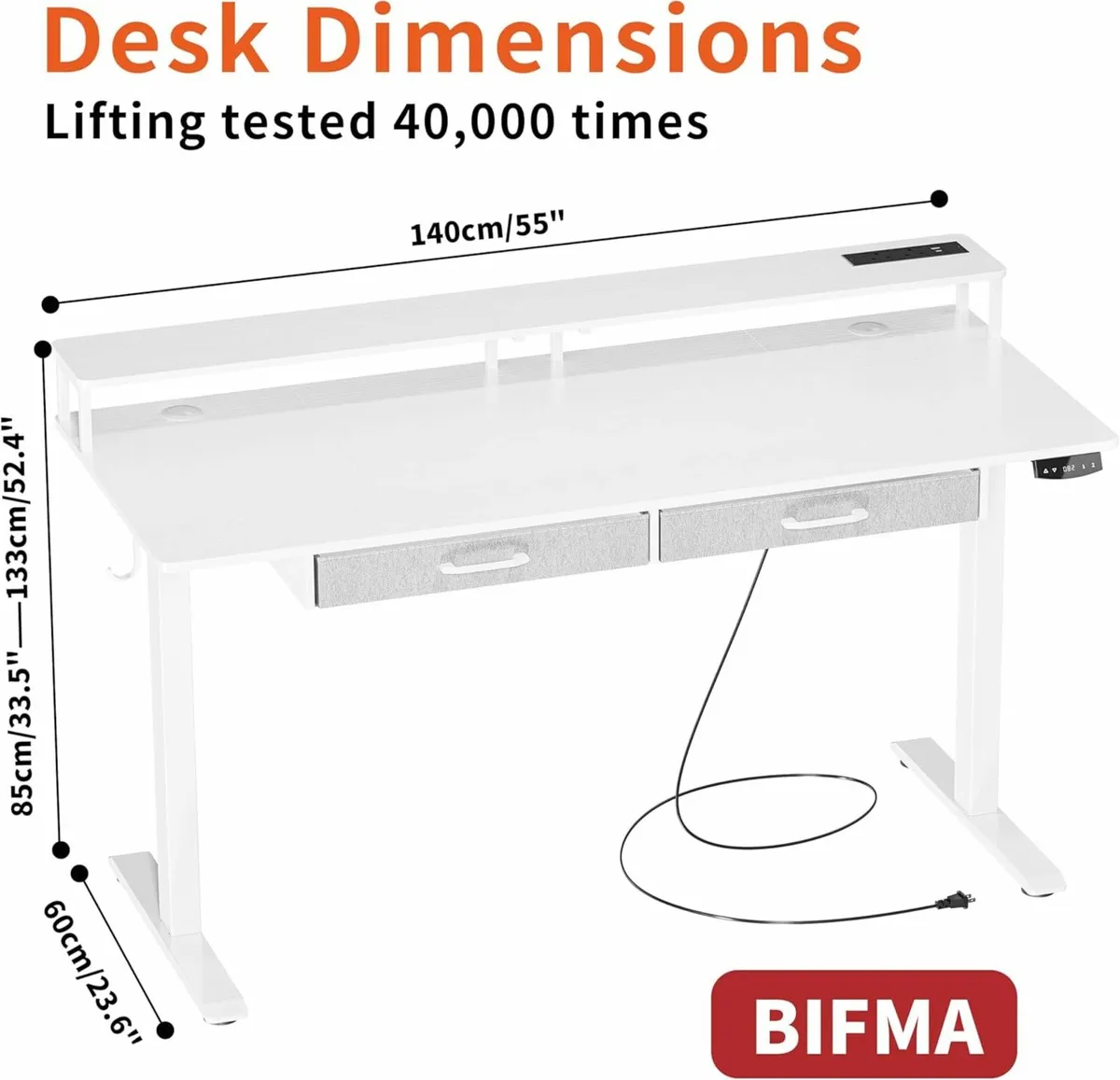 Height-Adjustable Office Desk Drawer 140x60cmWhite - Image 4