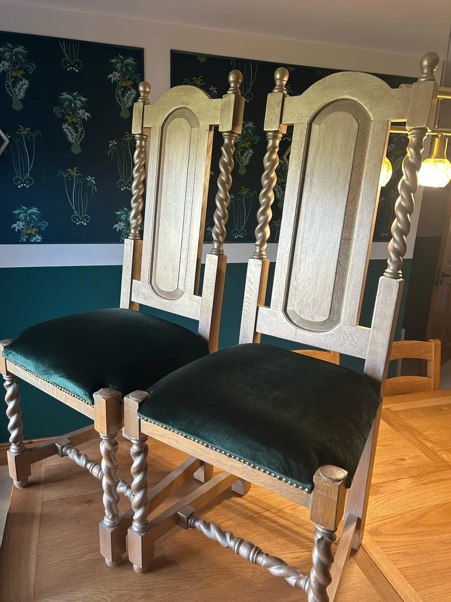 Solid oak dining room chairs with green upholstery - Image 1