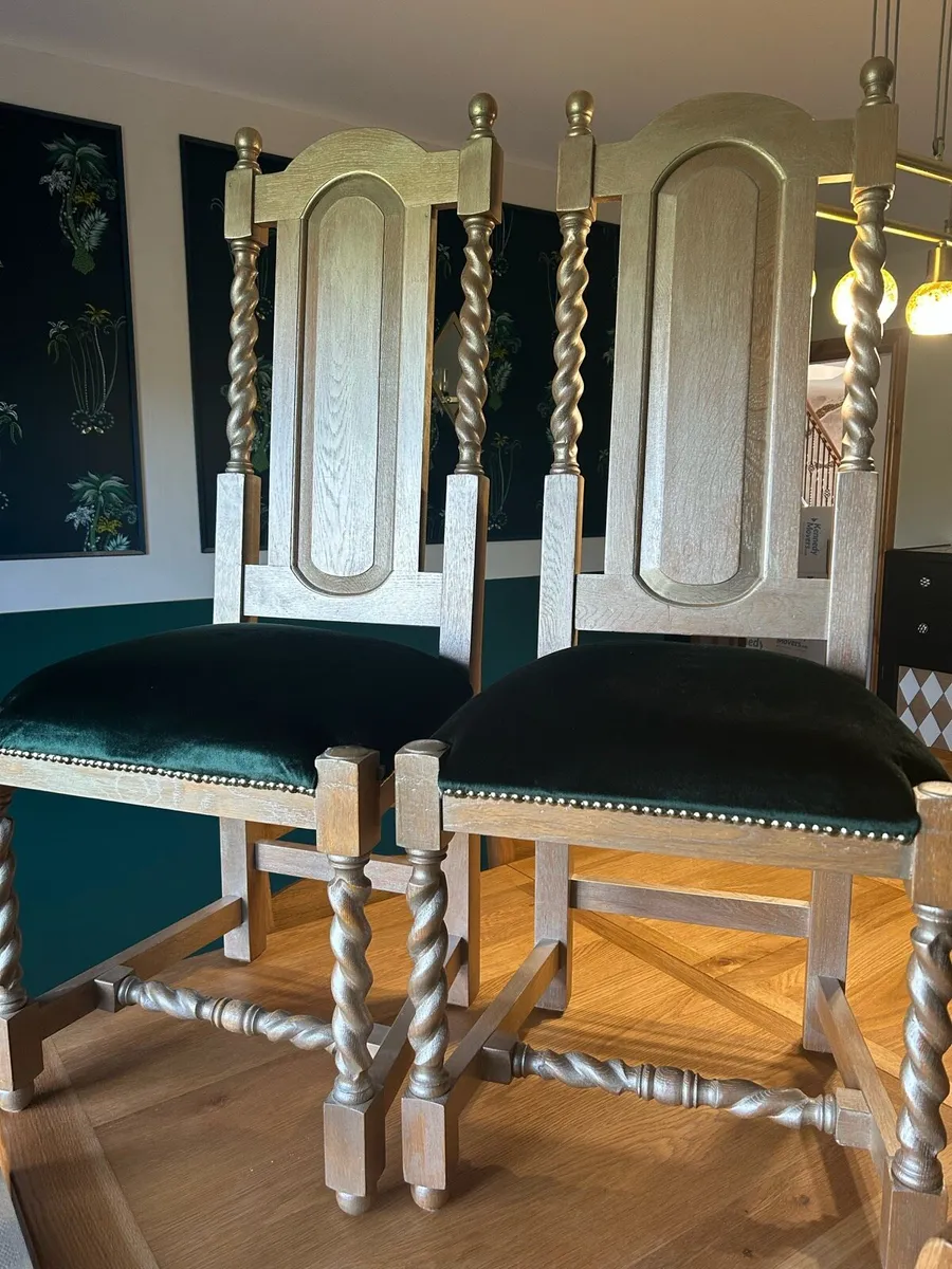 Solid oak dining room chairs with green upholstery - Image 2