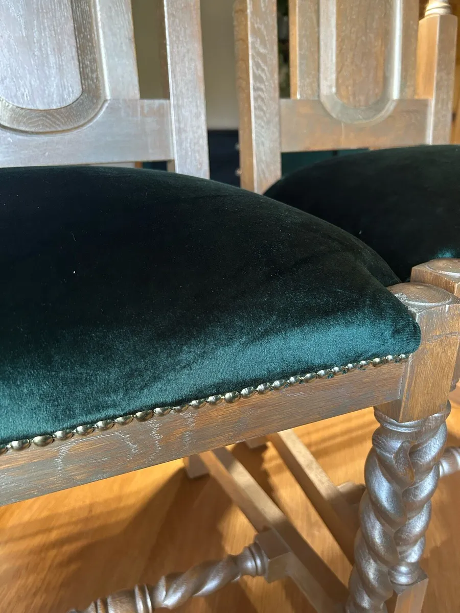 Solid oak dining room chairs with green upholstery - Image 3