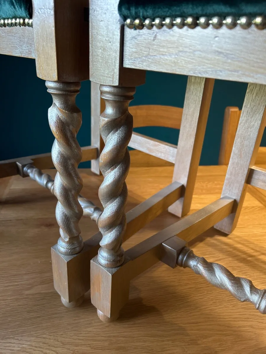 Solid oak dining room chairs with green upholstery - Image 4