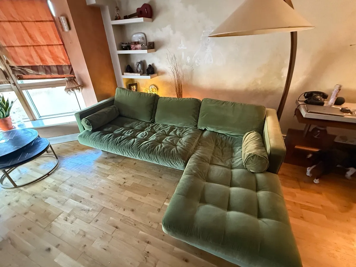 Green Velvet L-Shape Sofa - Image 1