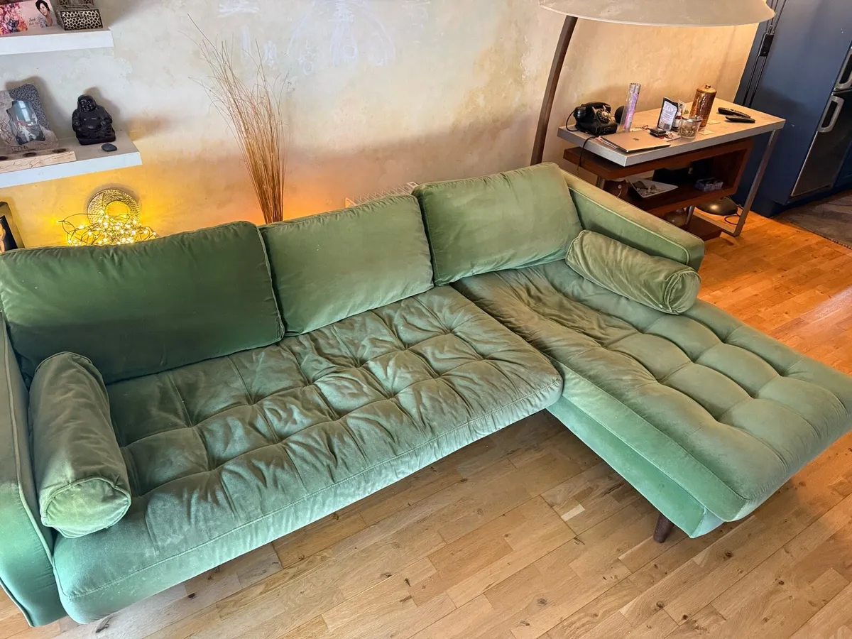 Green Velvet L-Shape Sofa - Image 2