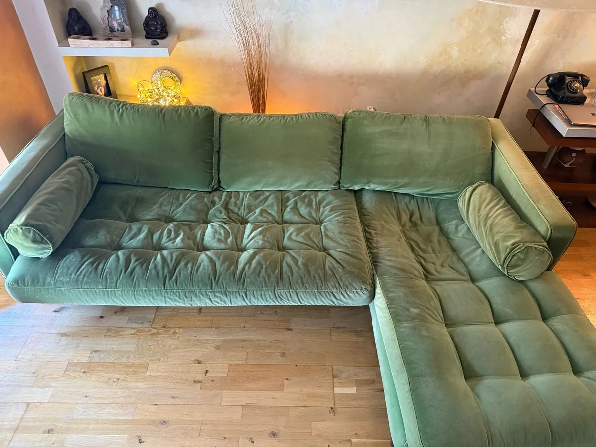 Green Velvet L-Shape Sofa - Image 3