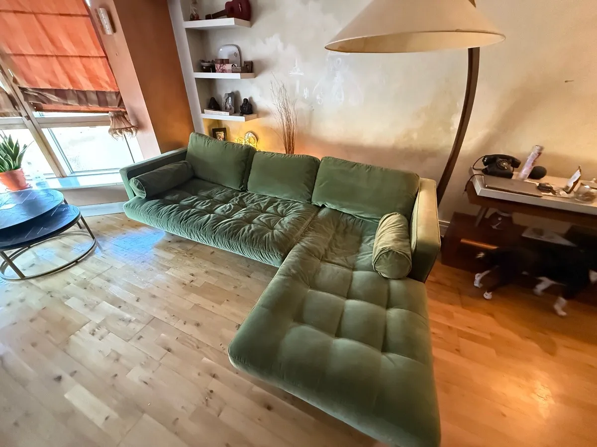 Green Velvet L-Shape Sofa - Image 4