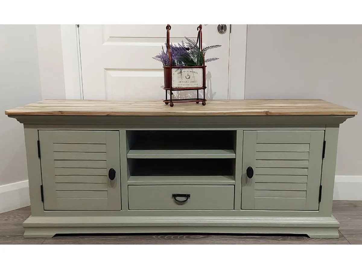 Hand-Painted TV Console, Cabinet, Solid Wood Top & Storage - Image 1