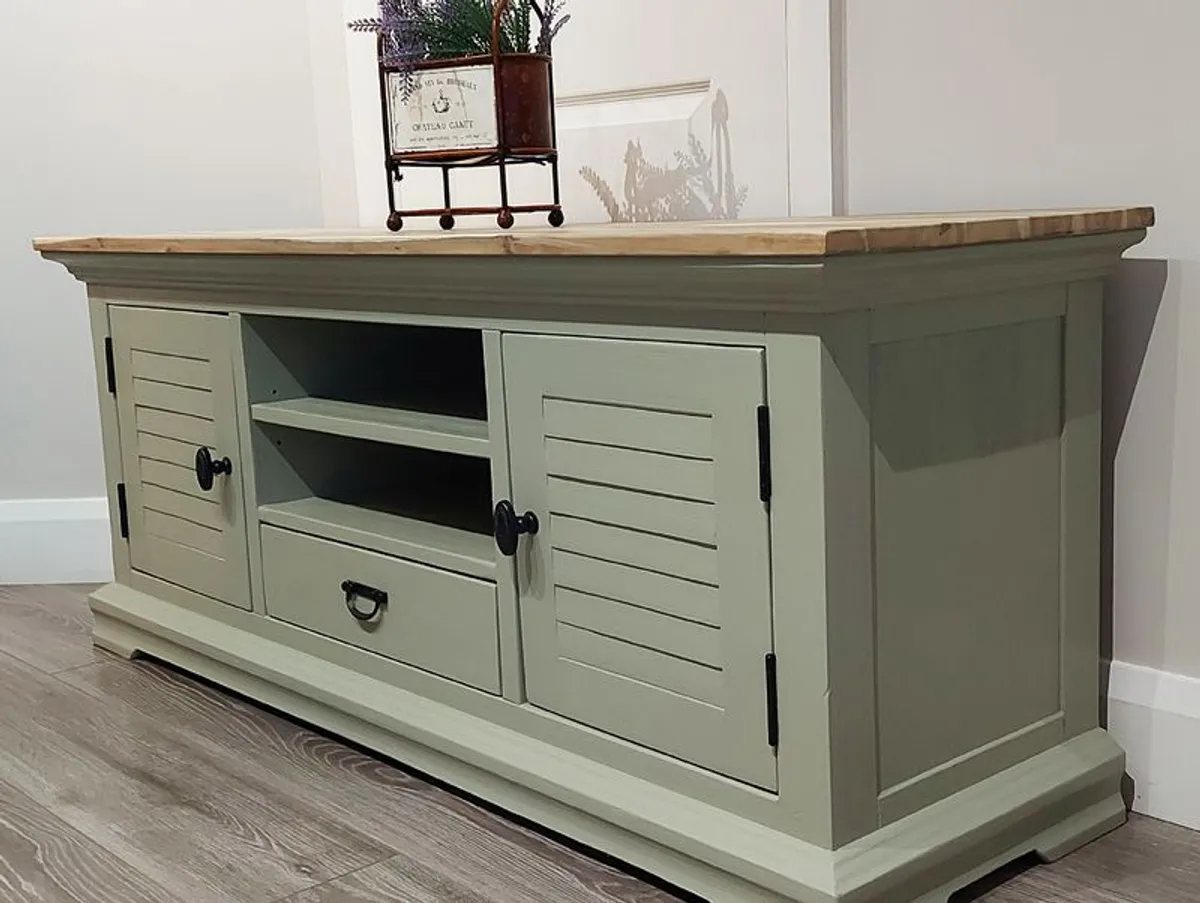 Hand-Painted TV Console, Cabinet, Solid Wood Top & Storage - Image 2