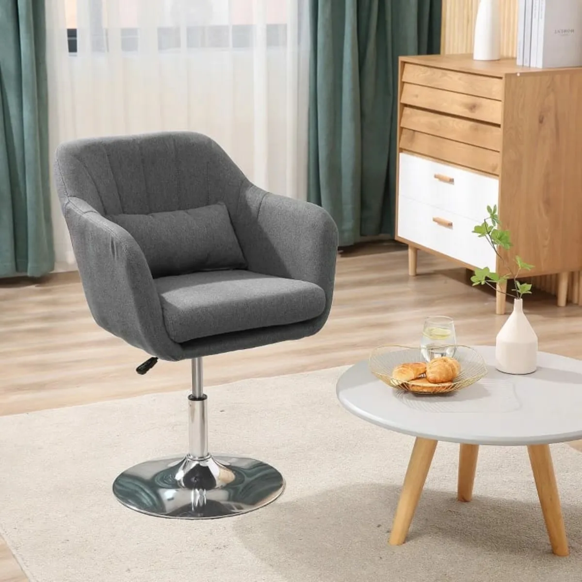 Grey Swivel Chair, w/Metal BaseModern Swivel Linen - Image 2