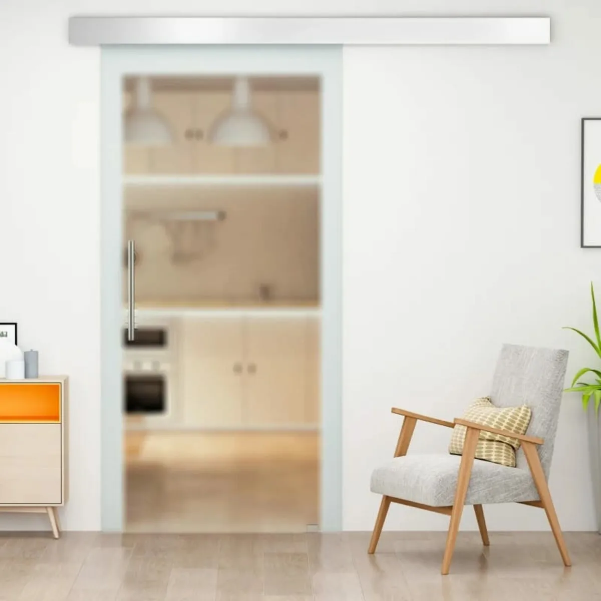77.5cm Modern Sliding Door Set Kit w/ Frosted Glas - Image 2