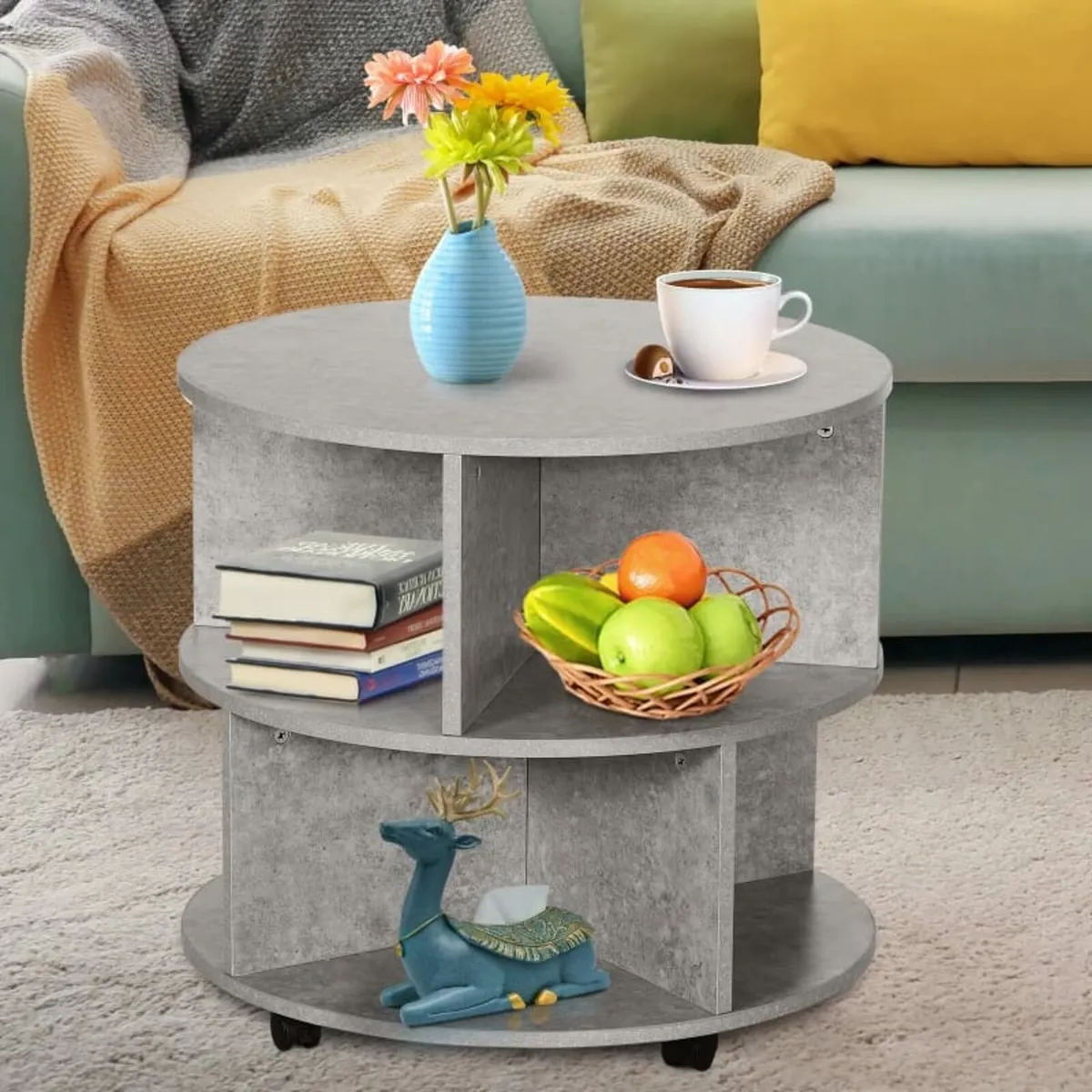 Coffee Table with Wheels, Round, with Storage, 2 T - Image 1