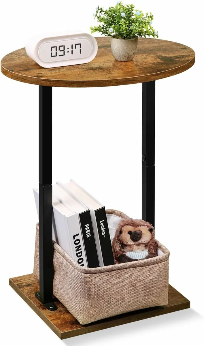 Round Side Table Sofa End Table Fabric Basket - Image 1