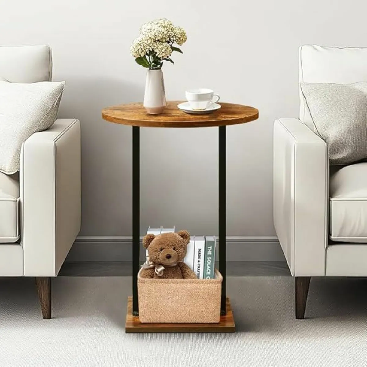 Round Side Table Sofa End Table Fabric Basket - Image 2