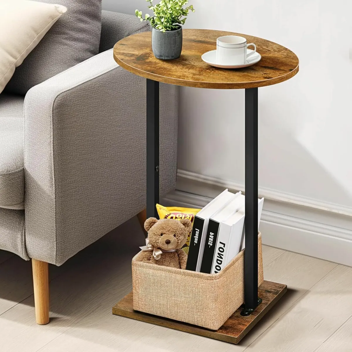 Round Side Table Sofa End Table Fabric Basket - Image 3