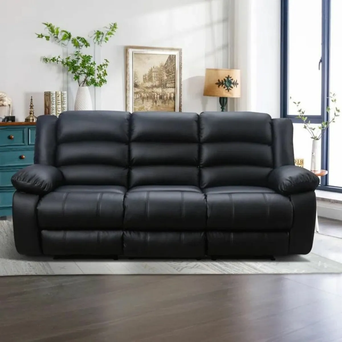 3 Seater PU Leather Recliner Sofa – Black - Image 1