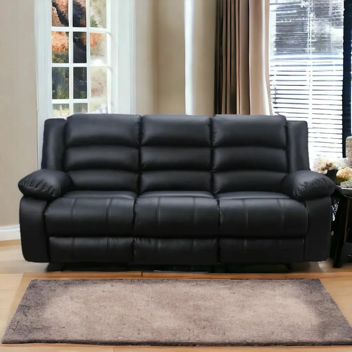 3 Seater PU Leather Recliner Sofa – Black - Image 1