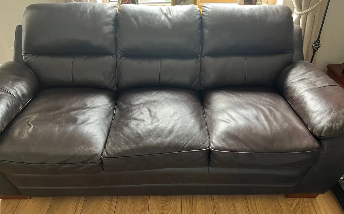 Brown Leather Three Seater Sofa - Image 1