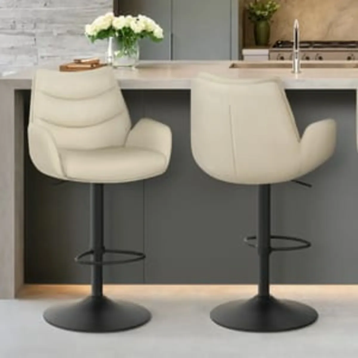 Real Leather Gas Lift Bar Stools (Cream) - Image 1