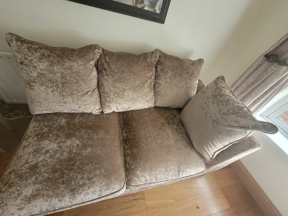 L shaped couch & foot stool.  Gold type colour - Image 4