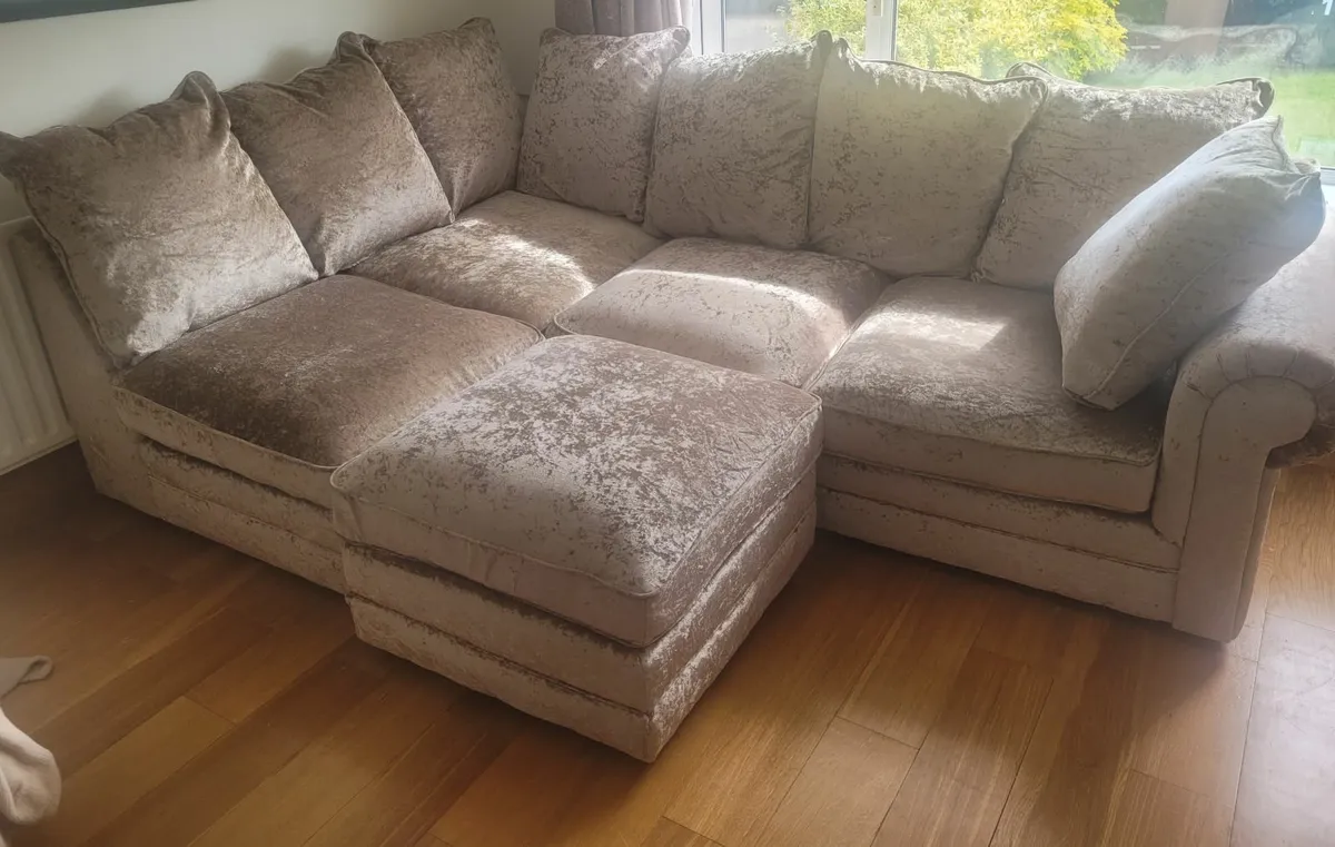 L shaped couch & foot stool.  Gold type colour - Image 1