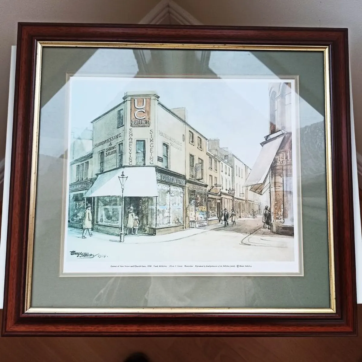 Print Frank McKelvey "CORNER OF ANNE STREET & CHURCH LANE" BELFAST 1930 Ulster Museum Collection in wooden glazed frame - Image 1
