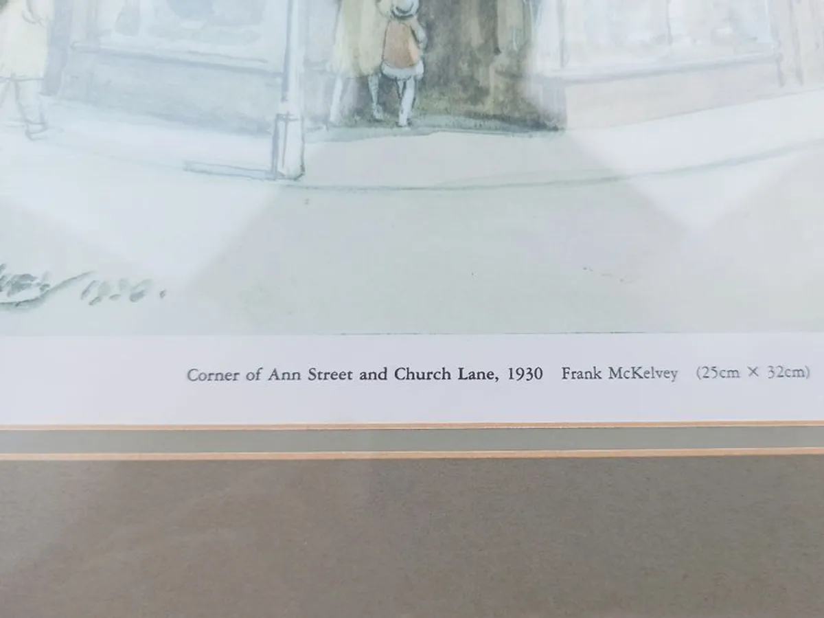Print Frank McKelvey "CORNER OF ANNE STREET & CHURCH LANE" BELFAST 1930 Ulster Museum Collection in wooden glazed frame - Image 2