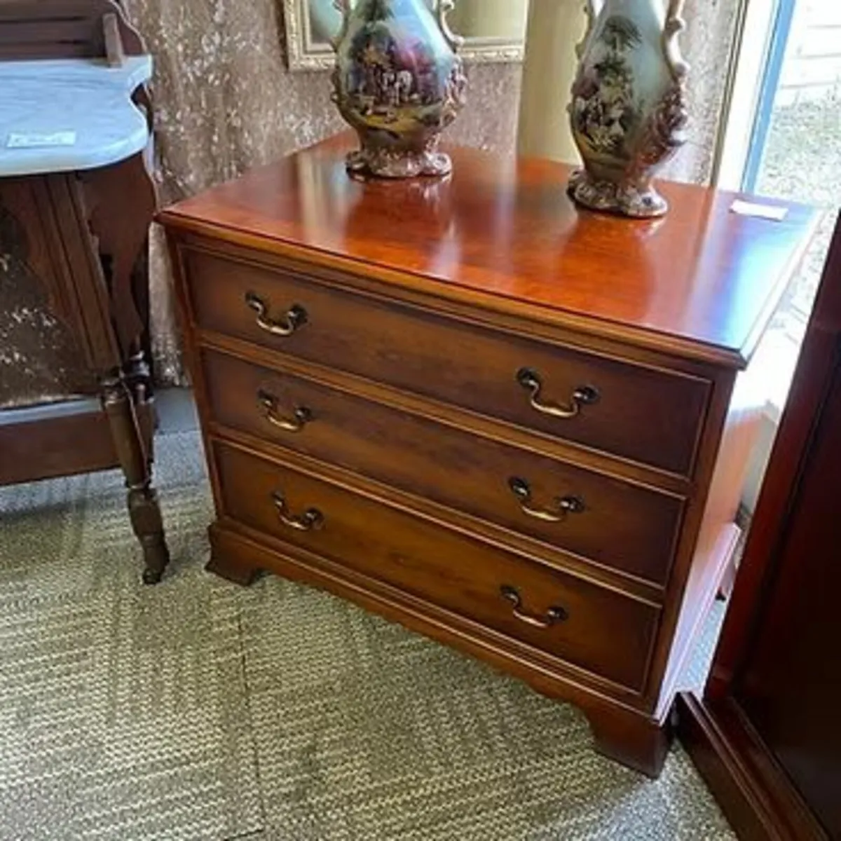 Beautiful mahogany flamed three drawer chest of dr