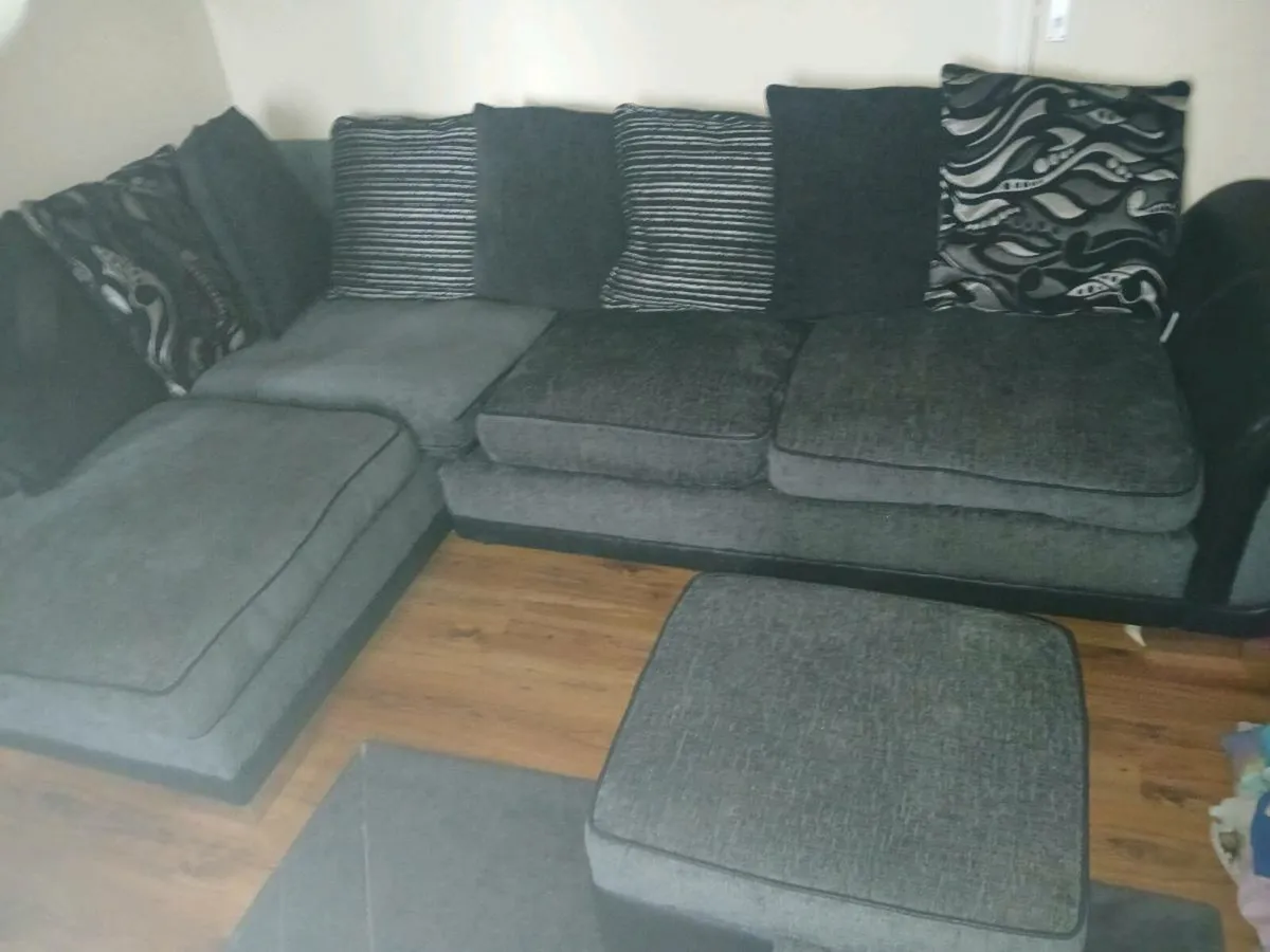 Black and dark grey corner sofa. With stool - Image 2