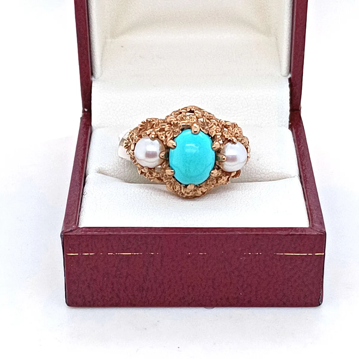 Vintage 9k Turquoise & Pearl, Flower Detail Ring - Image 2
