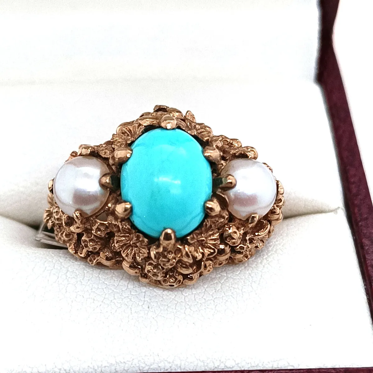 Vintage 9k Turquoise & Pearl, Flower Detail Ring - Image 1