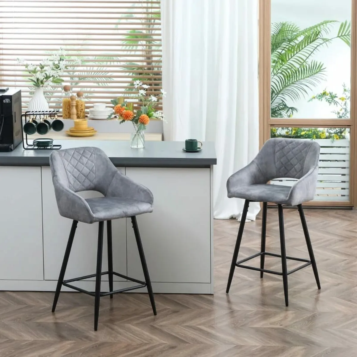 Bar Stools Set of 2, Velvet-Touch Fabric Counter H - Image 2