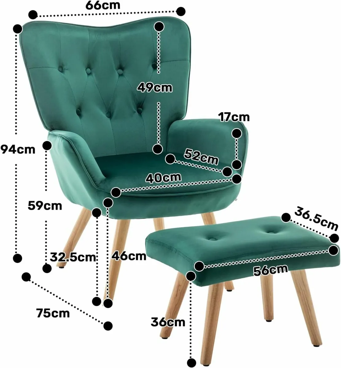 Armchair Footstool Living Room Chair Velvet  Green - Image 3