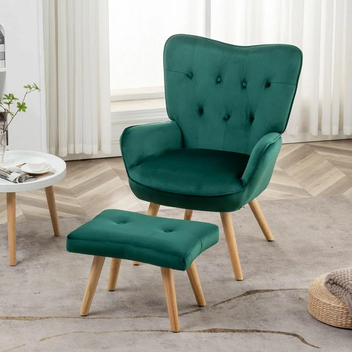 Armchair Footstool Living Room Chair Velvet  Green - Image 1