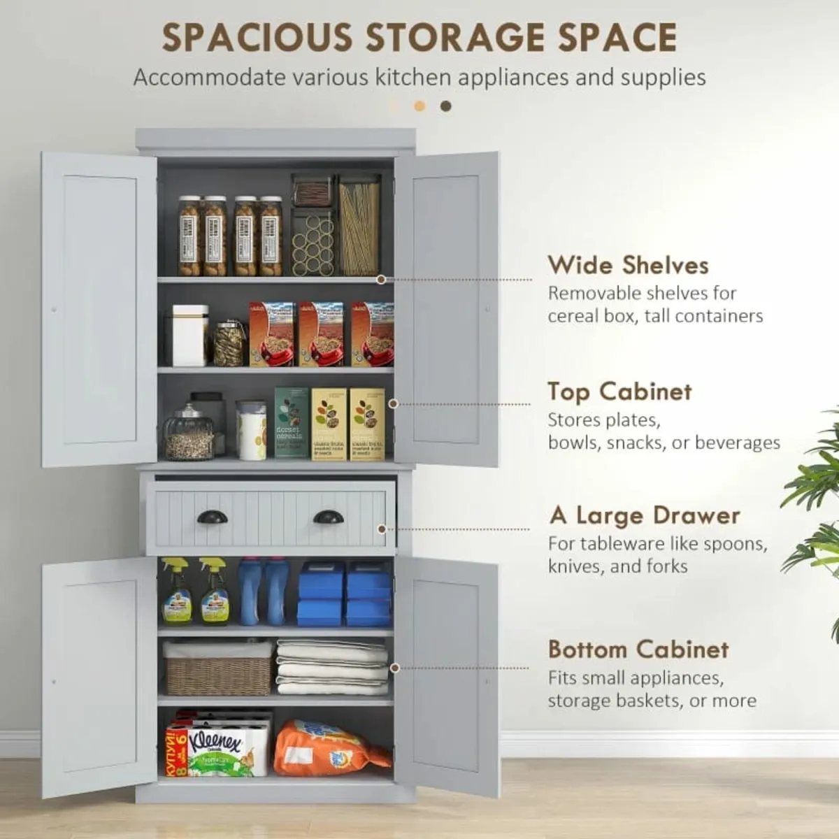 Freestanding Multi-Storage Kitchen Cabinet - Grey - Image 3