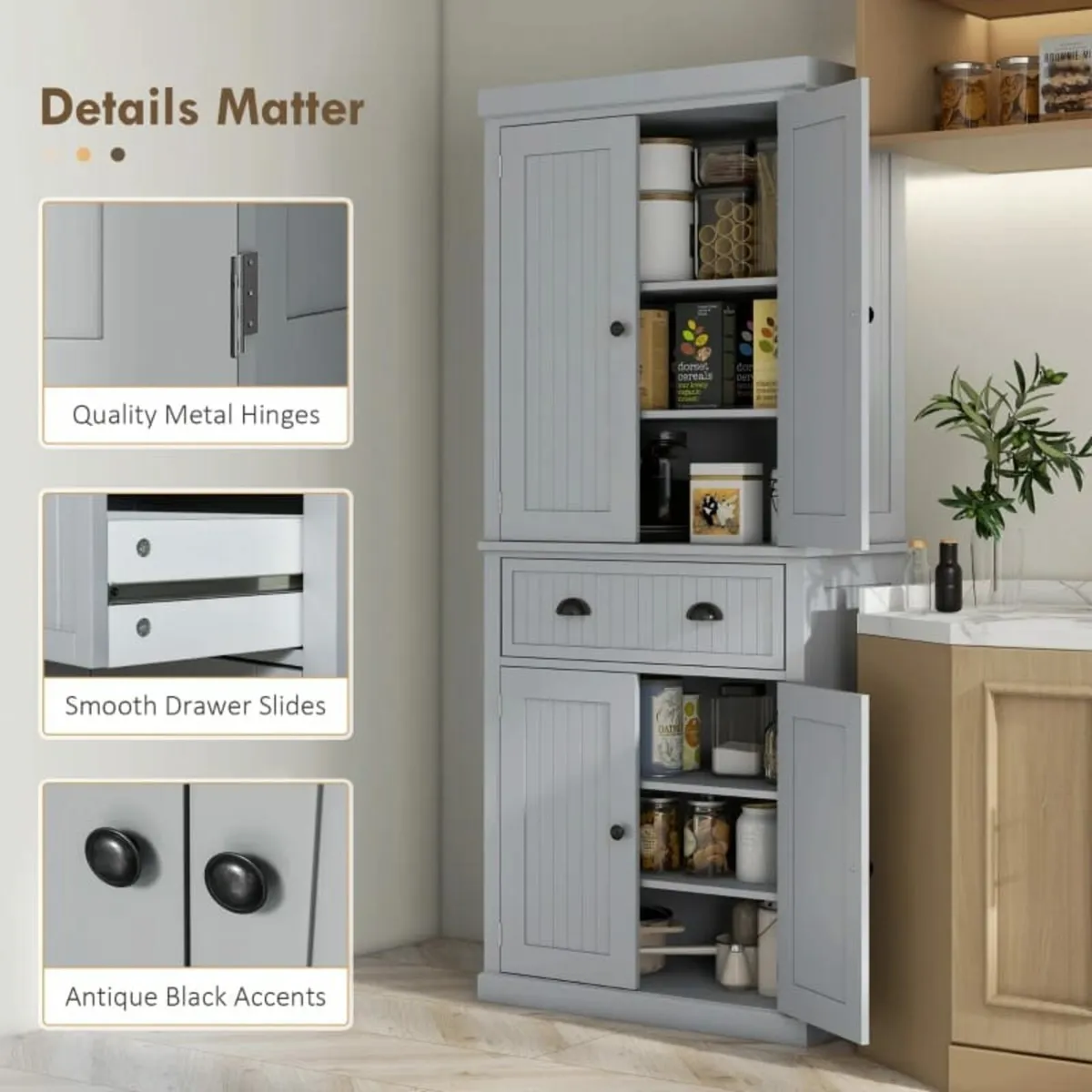 Freestanding Multi-Storage Kitchen Cabinet - Grey - Image 4
