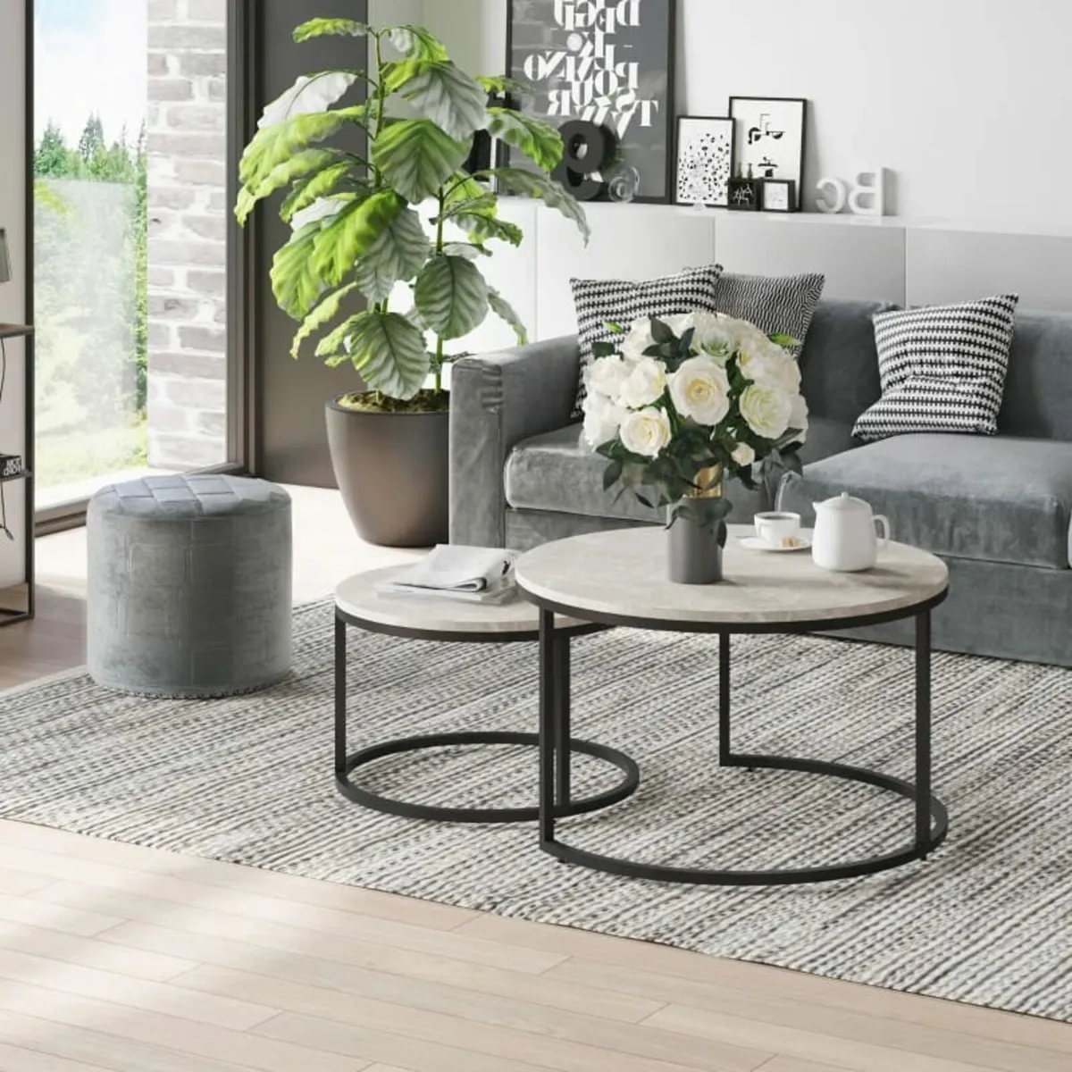 Set of Two Marble-Effect Stacking Tables - Wood Gr - Image 1