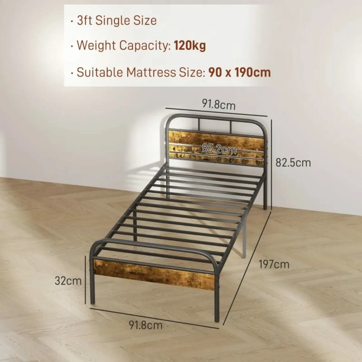 Industrial-Style Single Bed Frame - Black/Brown - Image 2