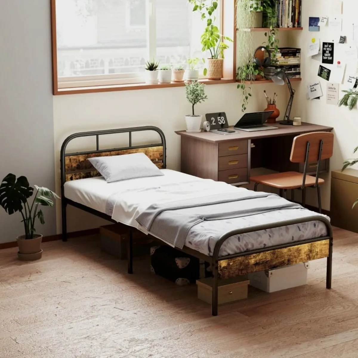 Industrial-Style Single Bed Frame - Black/Brown - Image 3