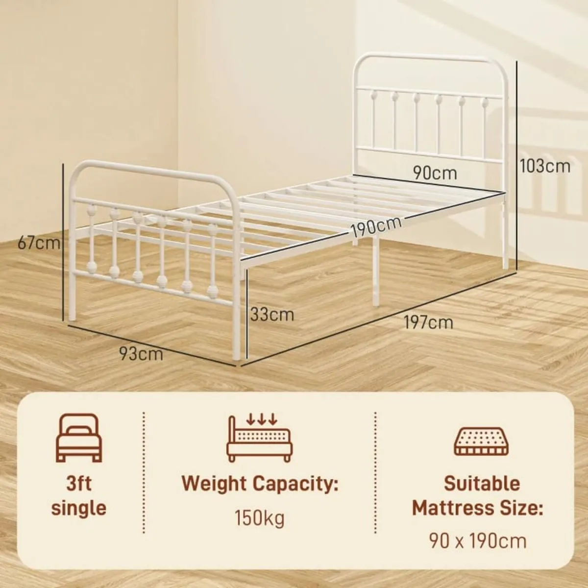 Single Minimalistic Metal Bed Frame - White - Image 3