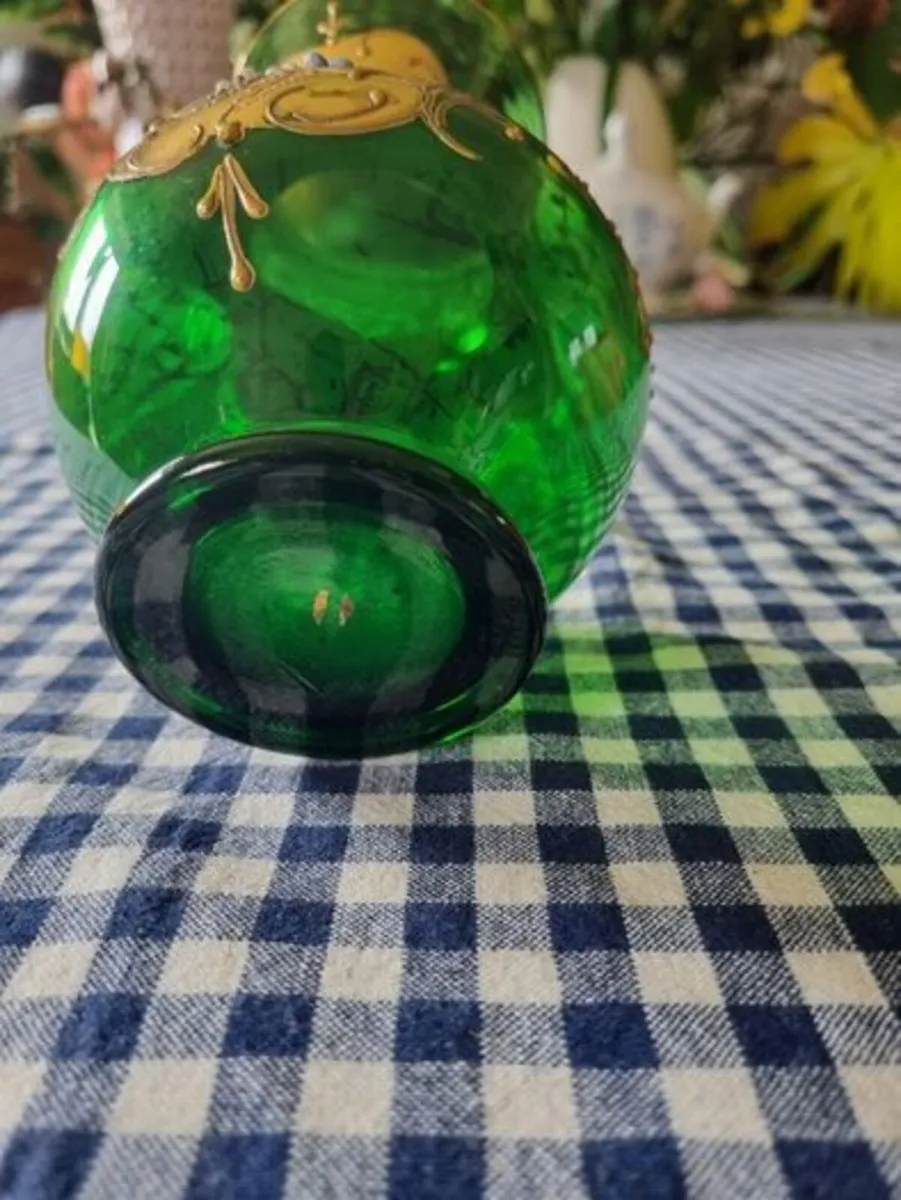 Vintage Bohemian Glass Czech Green Gold Vase - Image 3
