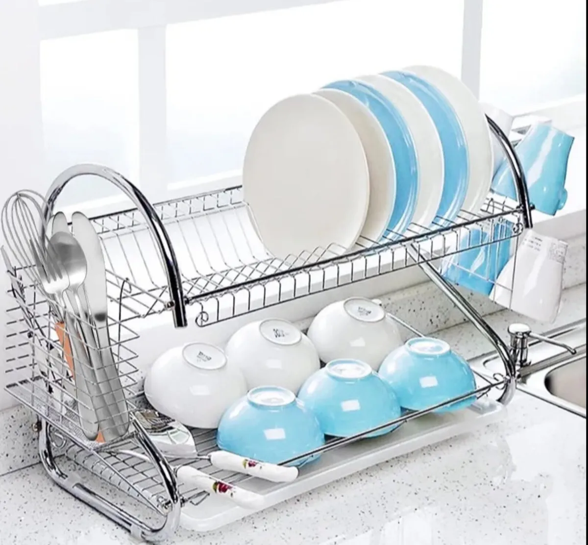 2 Tier Dish Drainer Rack Holder With Drip Tray - Image 1