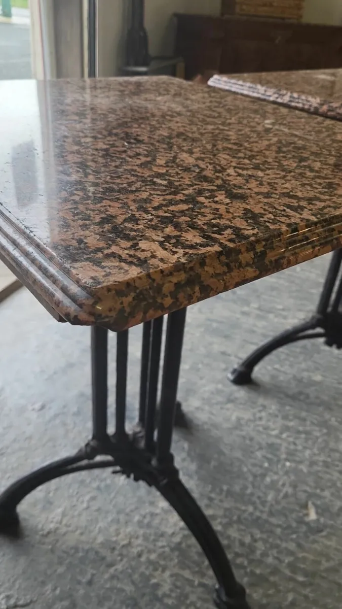 Pair vintage cast iron base granite top tables - Image 3