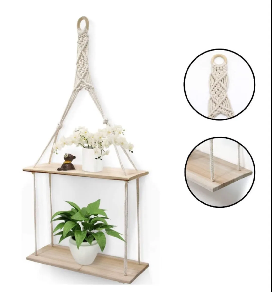 2 Tier Hanging Floating Rope Wooden Shelves NEW - Image 1