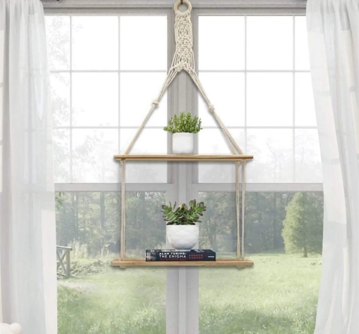 2 Tier Hanging Floating Rope Wooden Shelves NEW - Image 2