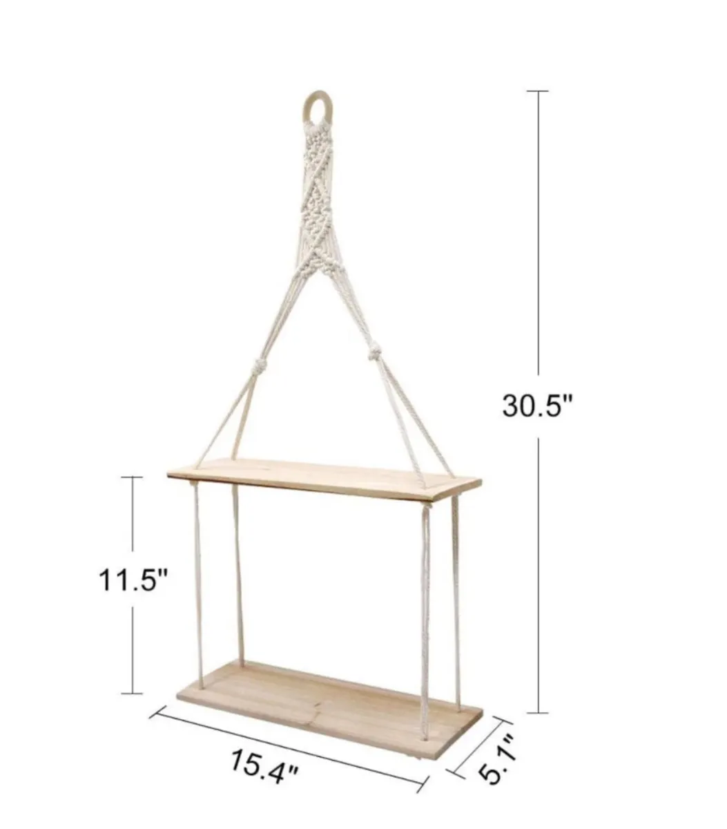 2 Tier Hanging Floating Rope Wooden Shelves NEW - Image 3