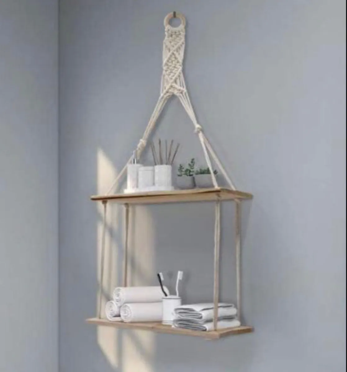 2 Tier Hanging Floating Rope Wooden Shelves NEW - Image 4