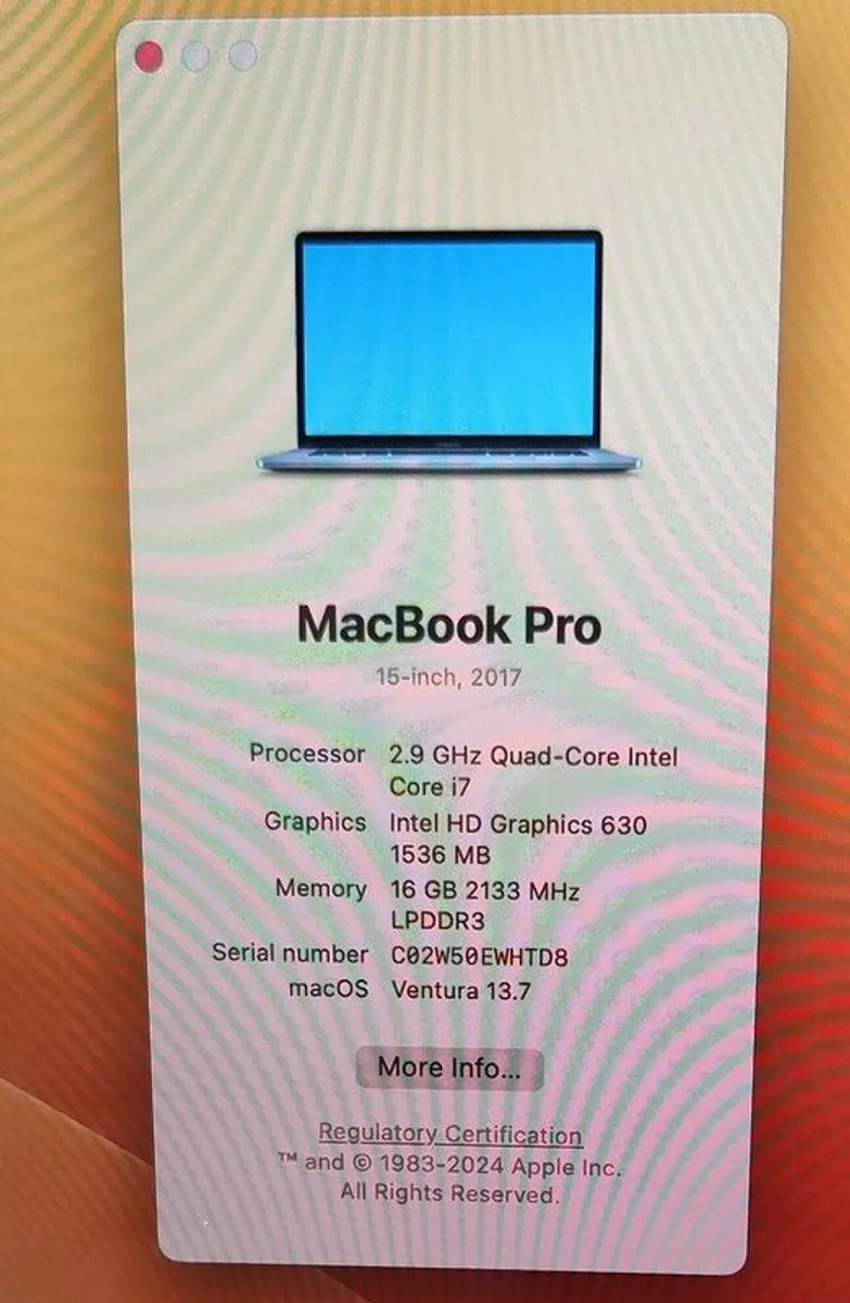 Touch Bar Apple Macbook Pro (15"/ Mid 2017) 2.9 GHz Intel Core (i7) 16GB RAM 500 SSD Hard macOS VENTURA Battery Cycle: 621 - Image 3