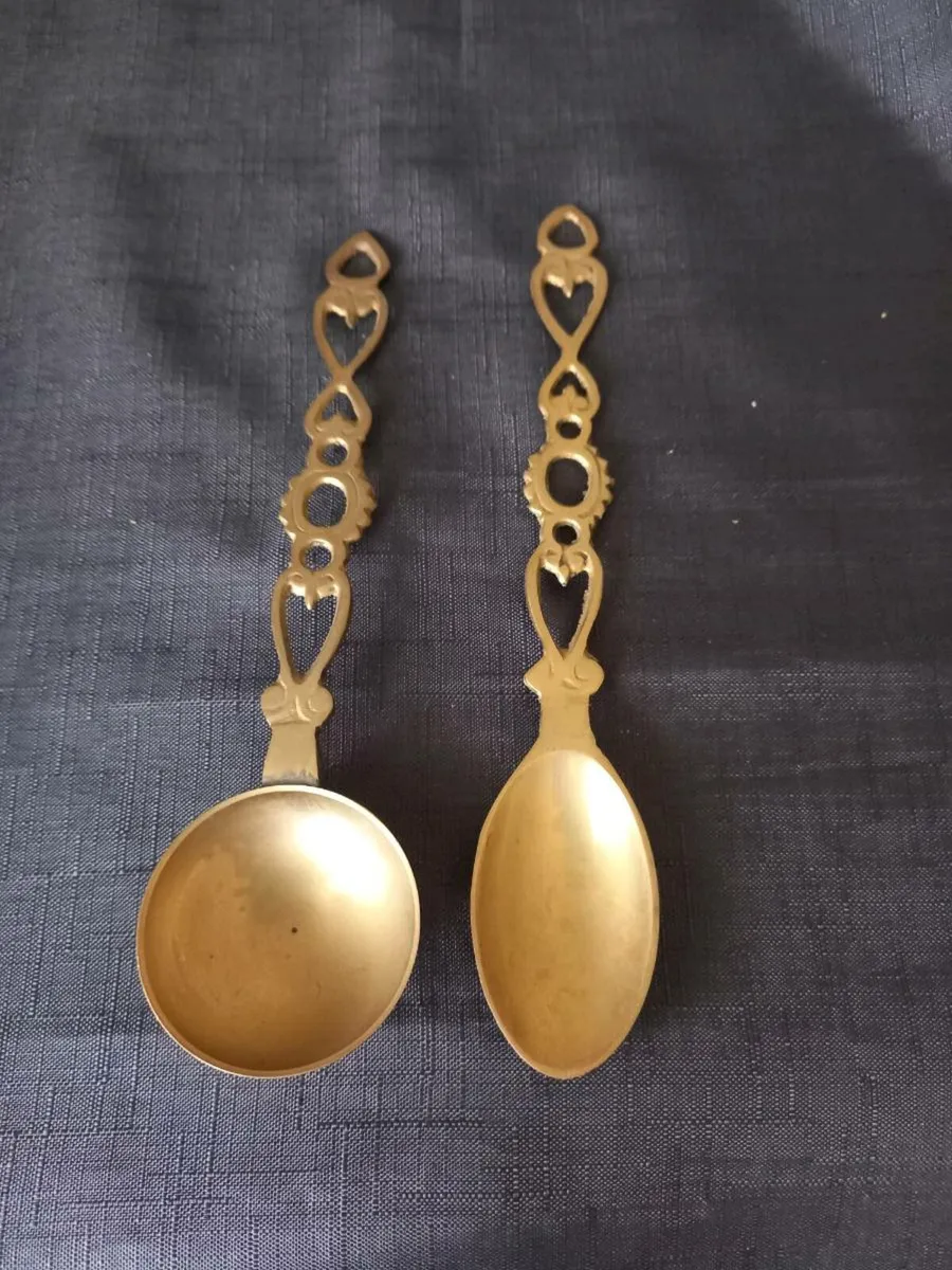 2 Brass Love Spoons With Celtic Symbols - Image 1