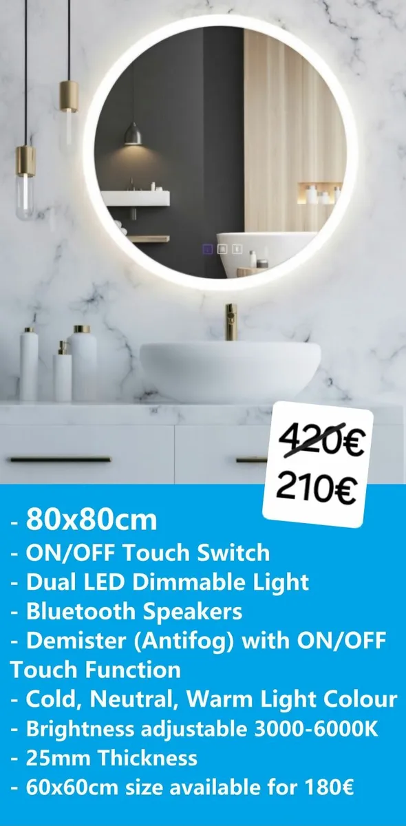 LED Bathroom Mirror Demister Bluetooth Speakers - Image 2