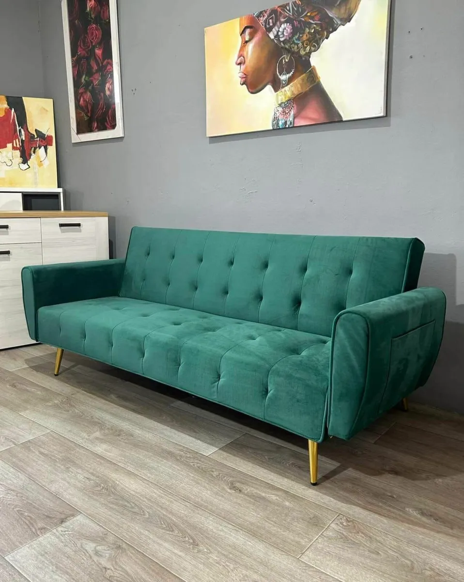 Green Sofa Bed with Golden Legs - Image 1
