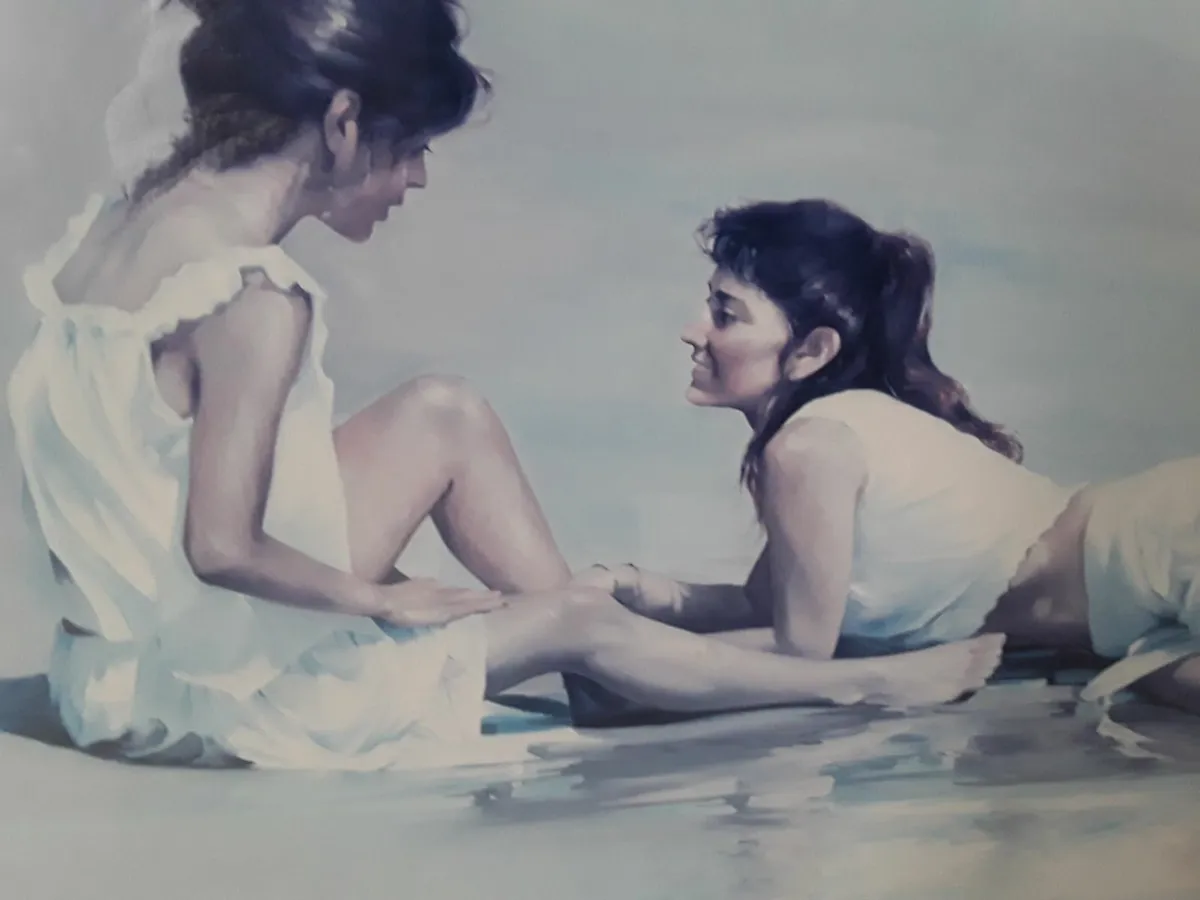 Lovely large picture two girls on the beach - Image 1